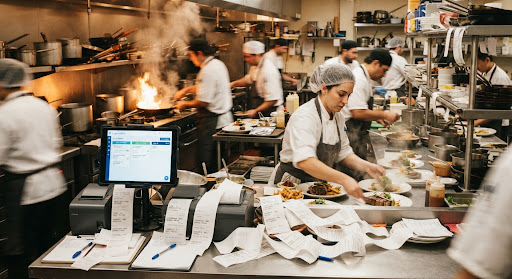 A busy commercial kitchen during peak hours with chefs working rapidly amid multiple tablets and printers, symbolizing operational chaos.