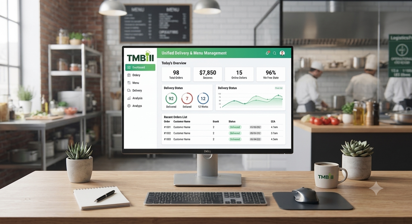 TMBill dashboard showing a real-time order feed with color-coded columns for Swiggy, Zomato, and Talabat orders.