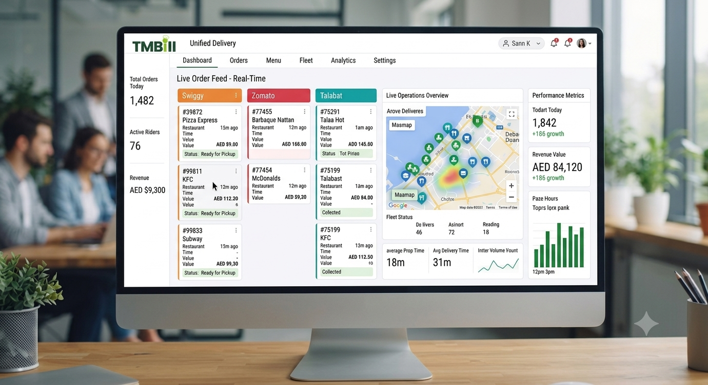 A clean, minimalist restaurant management workstation displaying the LogisticsPro dashboard, organized with clear green and white themes.